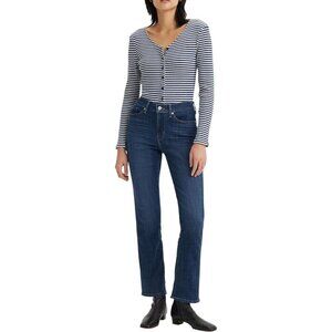 Women's Straight Jeans Cotton Blend Mid Rise Dark Wash 28-32 Inch Inseam